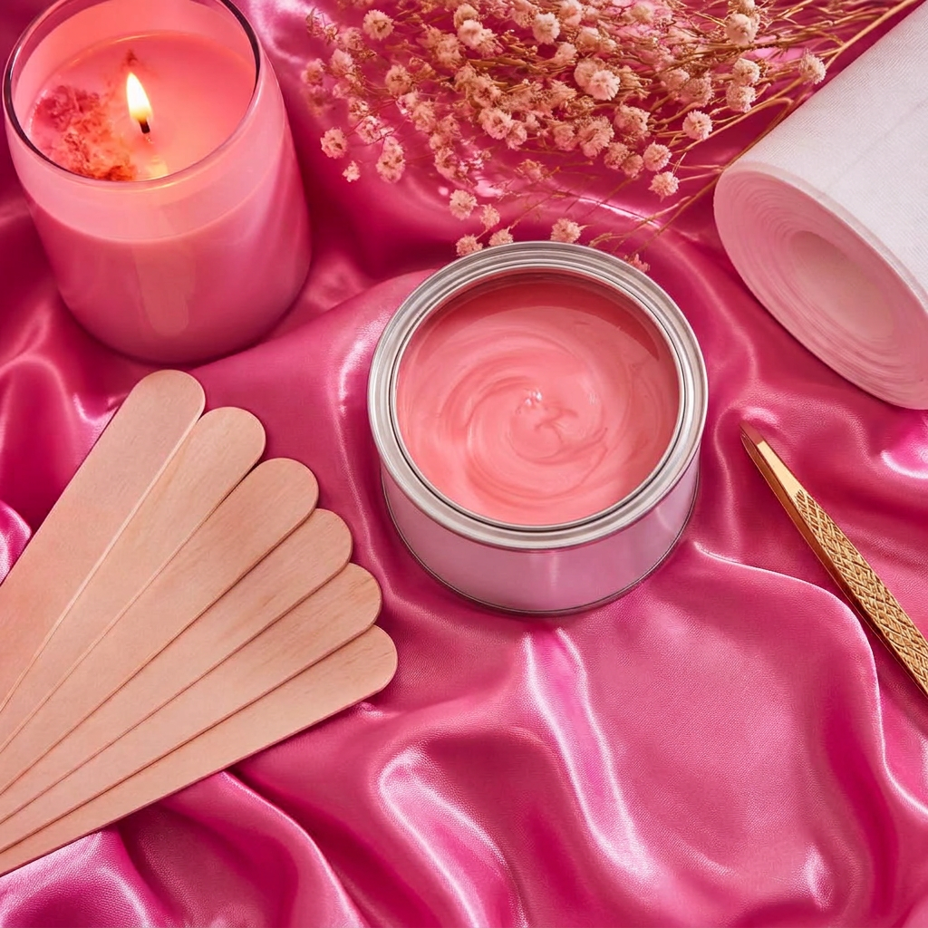 Waxing essentials flat lay — a can of soft pink wax, wooden spatulas, waxing strips and gold tweezers on pink satin